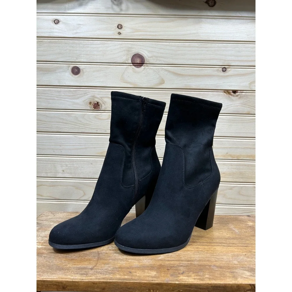 Style & Co Anitaaf Black Beauty Faux Suede Block Heel Sock Boots Ankle Booties
